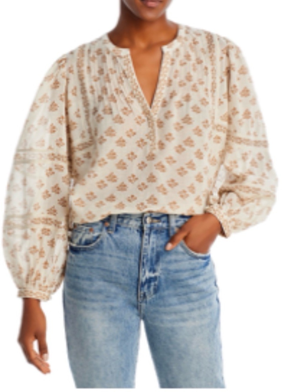 AQUA Valley Spring Printed Puff Sleeve Top Blouse Beige White - Size Medium